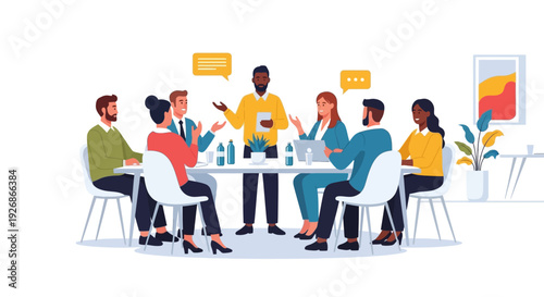 Diverse group of professionals collaborating in a modern meeting room.