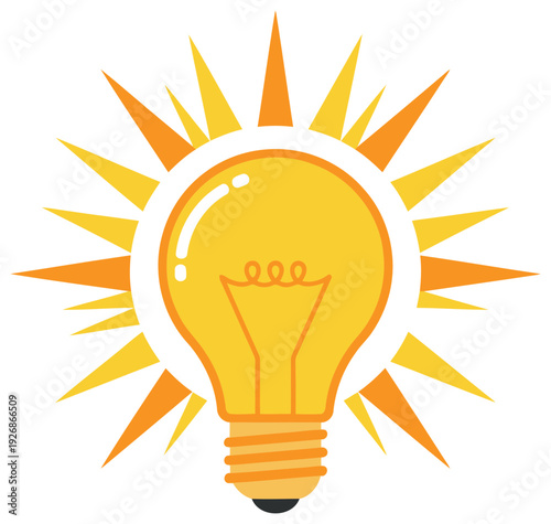 Light bulb icon with orange radiant rays in flat vector style isolated design