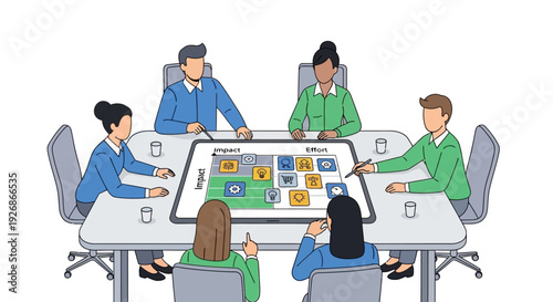 Diverse team collaborating around a large interactive screen.