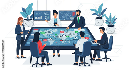 Diverse team collaborating around a large interactive display table.