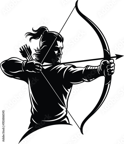 Professional archer silhouette set, medieval bowman shooting arrows, sport competition and hunting targets vector illustration