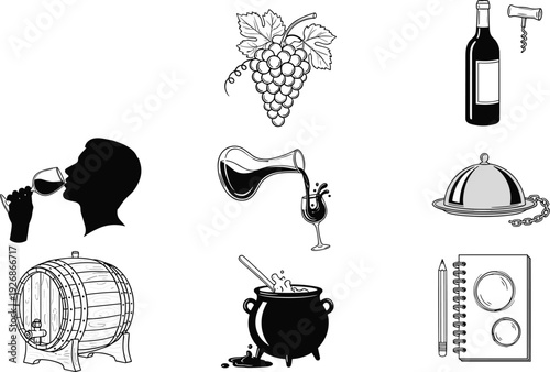 Wine tasting and winemaking icons set with grapes bottle barrel glass and restaurant symbols vector illustration