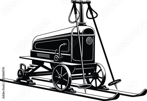 Vintage Ski Machine on Skis with Rope Isolated on White