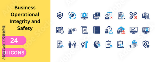 Operational integrity and business safety management icons. Industrial security, medical care, process control, legal documents, partnership