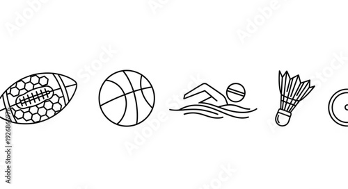 Collection of sports equipment including football, basketball, swimming, and badminton icons.