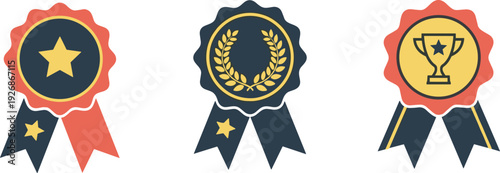 Collection of three flat design award ribbons with stars, laurel wreath, and trophy icons