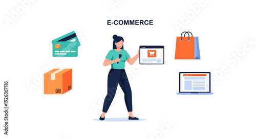 E-commerce Concept Explanation with Presenter, Showcasing Online Shopping, Digital Payments, Delivery & Business