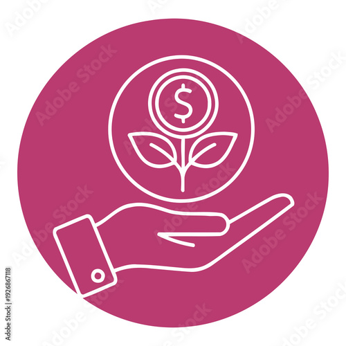 Hand holding coin with plant growing out of it in pink circle icon