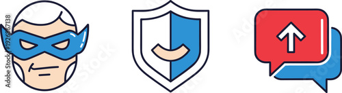 Superhero, shield, and chat bubble icons representing protection, security, and communication