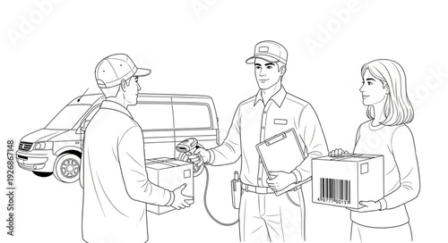 Delivery personnel handing packages to customers, representing service and logistics.