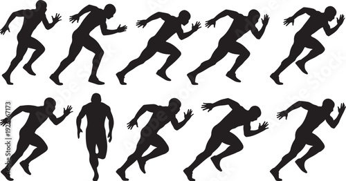 Silhouettes of runners in various dynamic sprinting poses sequence