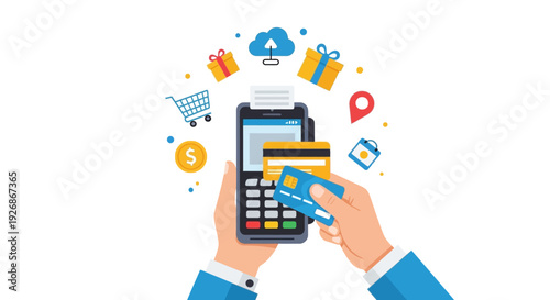 Digital Payment and E-commerce Transaction. Hand with Credit Card on POS Terminal Surrounded by Shopping Icons.