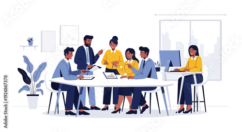 Diverse group of professionals collaborating in a modern office meeting.