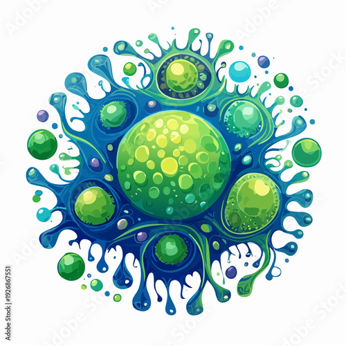 Dynamic abstract illustration of microscopic organisms or cells in vibrant green and blue hues, depicting a biological cluster