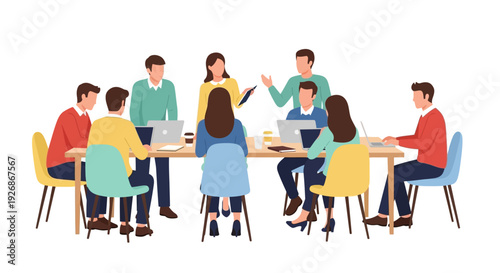 Diverse group of professionals collaborating in a modern office meeting.