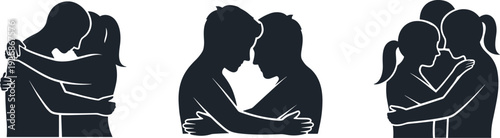 Diverse couples and friends embracing in silhouette, symbolizing connection and affection