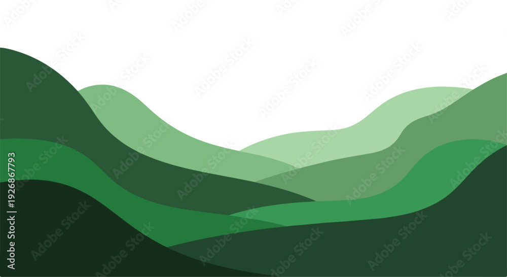 Obraz premium Illustration of layered green hills in varying shades against a white background with a minimalist design