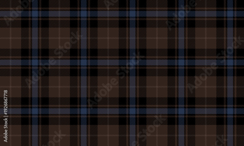 Seamless plaid fabric in brown, blue, and black. Classic design, perfect for fashion, clothing, and textiles requiring a modern and sophisticated look.