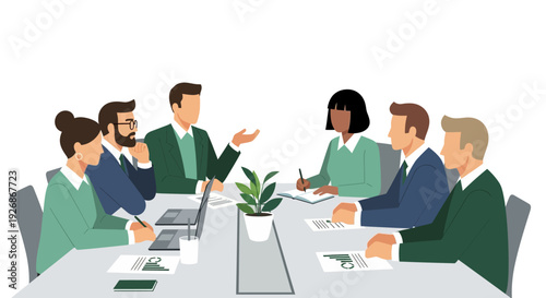 Diverse group of professionals collaborating in a modern office meeting.