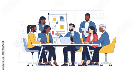 Diverse group of professionals collaborating in a modern office meeting.