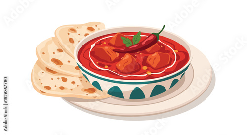 Illustration of a bowl of red curry with chicken and a chili pepper served with flatbread on a plate against a white background.