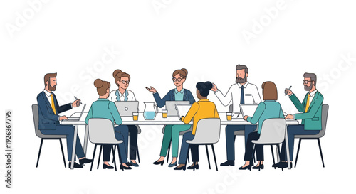 Diverse group of professionals collaborating in a modern office meeting.