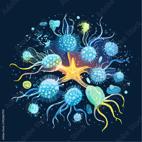 Microscopic organisms and a starfish in a whimsical, illustrative art style