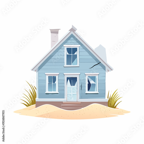 Weathered and abandoned light blue house with broken windows sinking into the sand