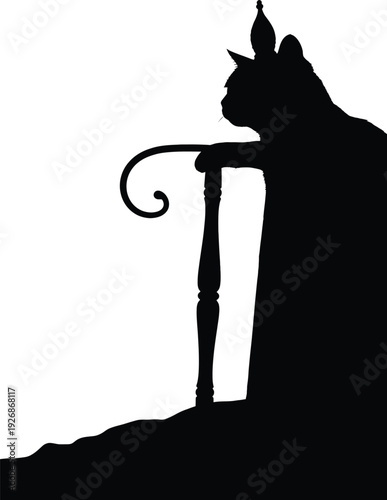 Black Cat Silhouette Leaning on Decorative Stick on Cliff Isolated on White