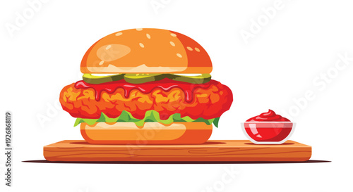 Illustration of a double-decker burger on a wooden board with a small container of ketchup on a white background.