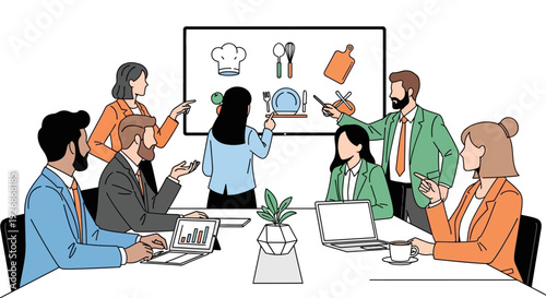 Diverse team collaborating in a modern office meeting.