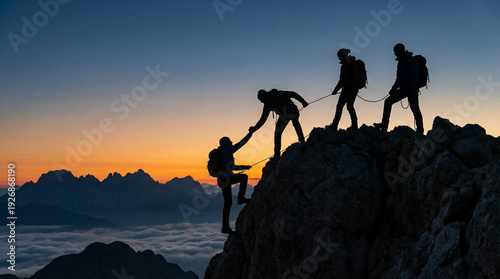 Silhouette of a team of mountaineers ascending a rocky peak at sunset with one person offering a helping hand symbolizing teamwork support and overcoming challenges