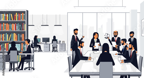 Diverse group of professionals collaborating in a modern office setting.