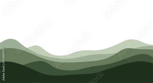 Illustration of layered green hills in various shades against a white background with a minimalist design