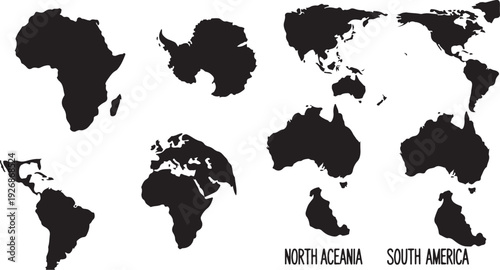 Black Silhouettes of World Continents on White Background Map