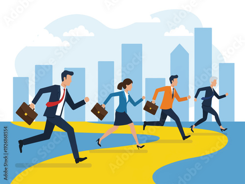 Business people running to work in city with briefcases  office workers in a hurry