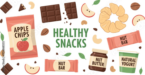 Healthy Snacks Collection with Apple Chips, Nut Bars, Chocolate, Yogurt and Dried Fruits Flat Vector Illustration