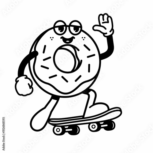 cartoon donut riding skateboard
