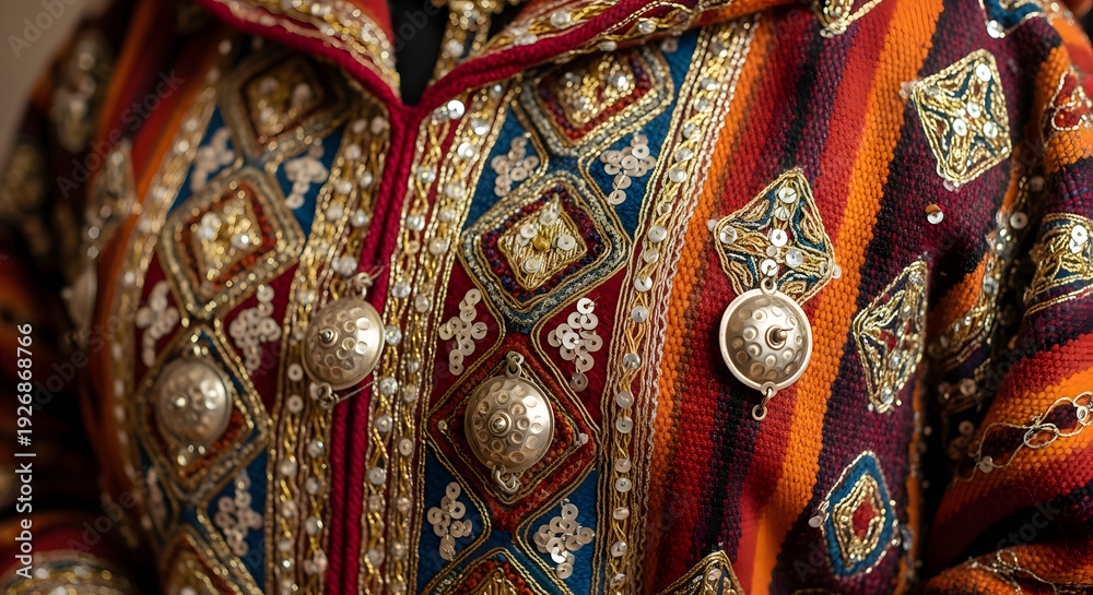 Fototapeta premium Vibrant embroidered jacket with gold sequins and beads. Generative AI