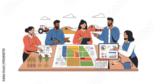 Diverse team collaborates on agricultural strategy planning.