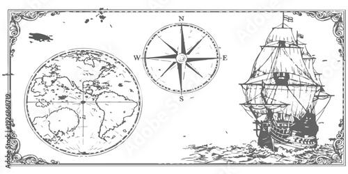 Vintage nautical adventure map illustration featuring a classic sailing ship compass rose and world globe in antique style vector