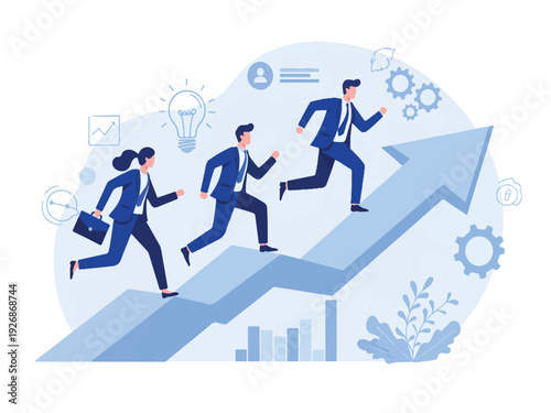 Business people running up arrow graph with growth and success icons around them