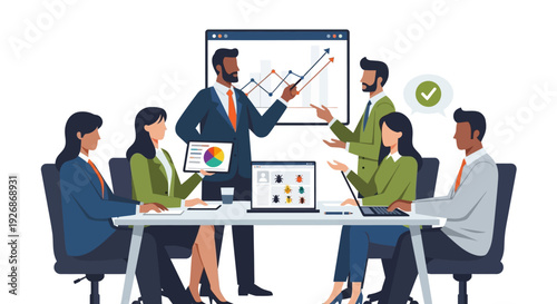 Diverse team collaborating in a modern business meeting presentation.