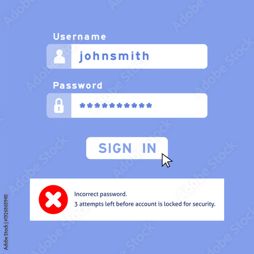 Incorrect password error notification in user account login form. Username and password input form. Logging in problem. User authorization interface UI vector elements.