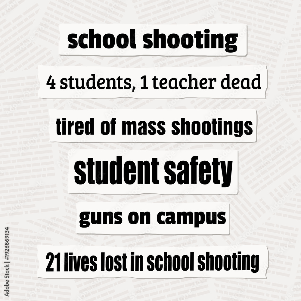 Obraz premium School shootings in the US. Mass shooting tragedy news. News headlines from print newspapers.