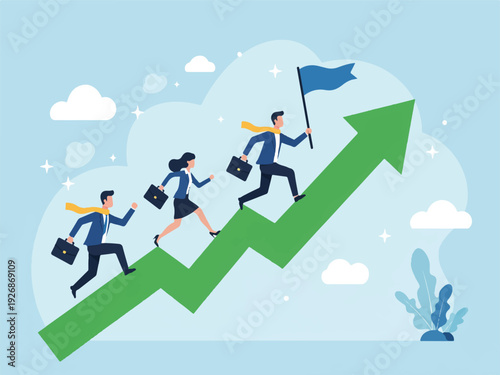 Business people running up green arrow chart success growth concept  businessmen and woman climbing up big green arrow on blue background with clouds