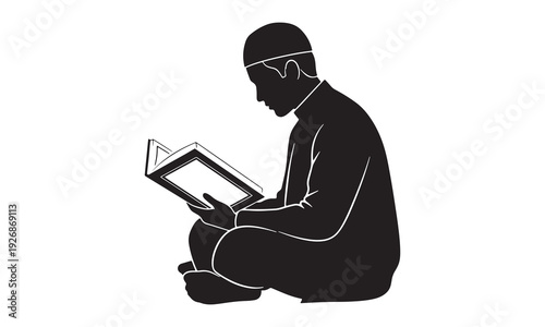 Muslim man sitting and reading holy quran or religious book in prayer pose silhouette.
