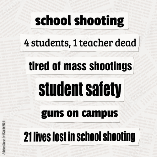 School shootings in the US. Mass shooting tragedy news. News headlines from print newspapers.