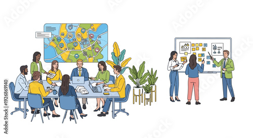 Diverse team collaborating in a modern office meeting room.