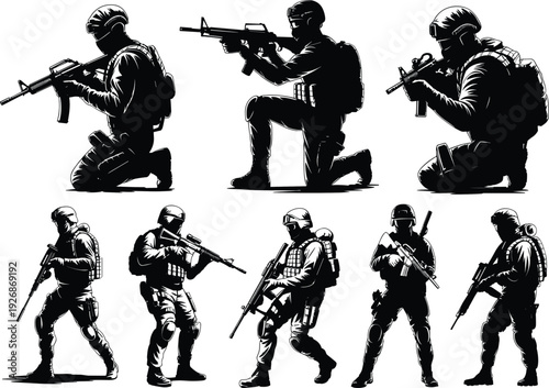 Tactical military soldier silhouette collection, special forces army infantry vector set, armed guards in combat poses for defense and security,